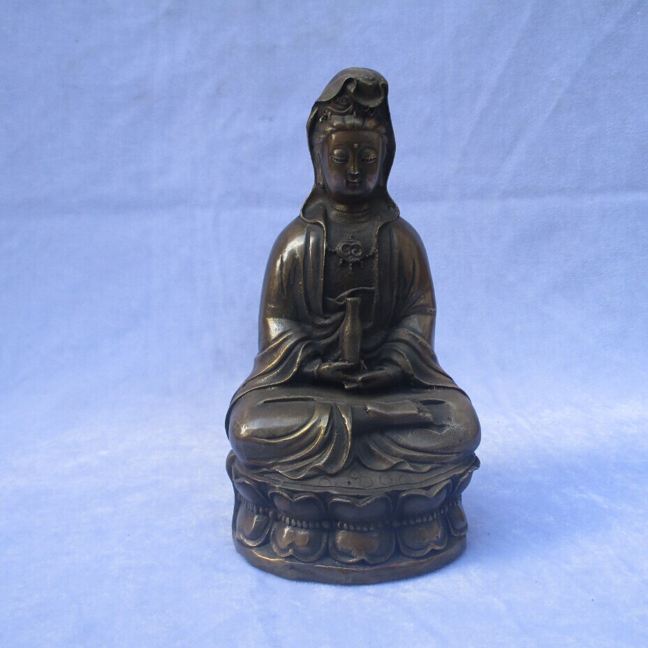 Collectible Chinese Versierd Oude Koperen Gesneden Fles Guanyin Sculptuur/Antieke Metalen Guanyin standbeeld 01
