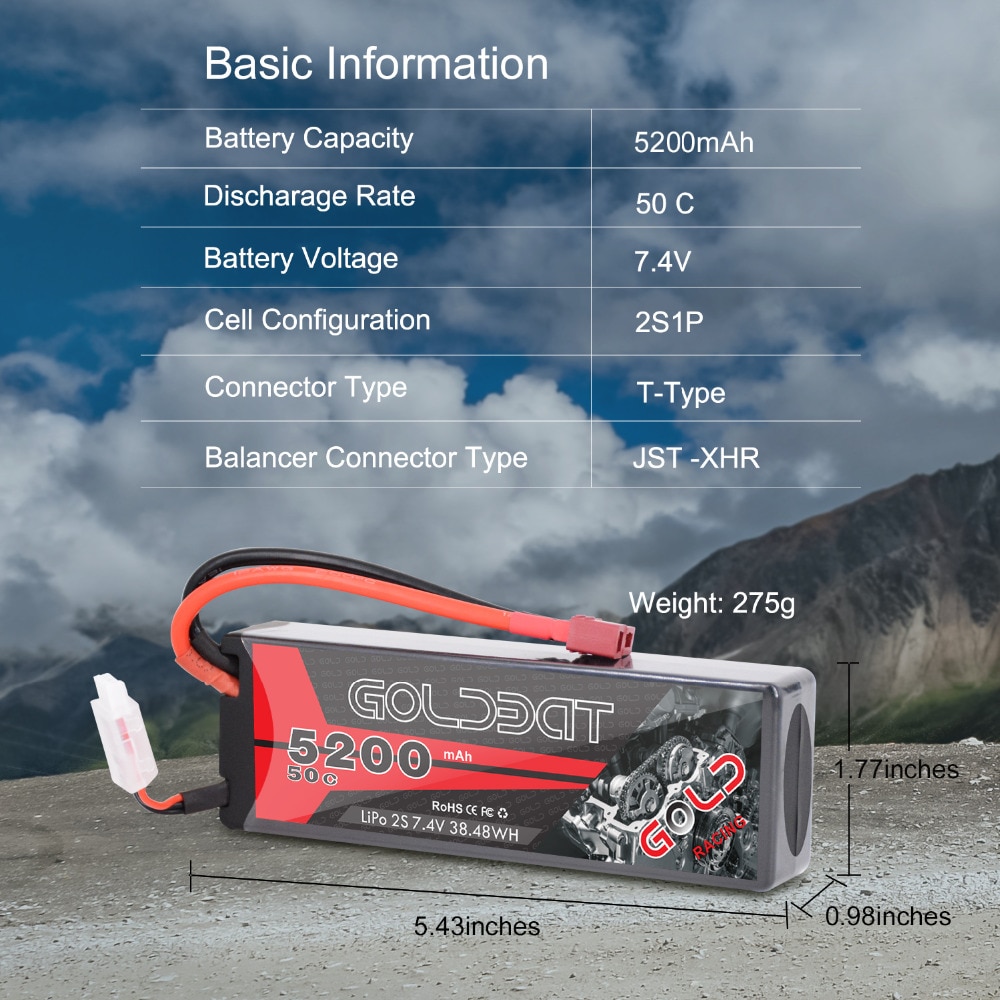 2units GOLDBAT Lipo Battery for RC 5200mAh 7.4V 50C 2S LiPo Battery with Deans XT60 Plug for RC Car Truck Truggy Tank Helicopt