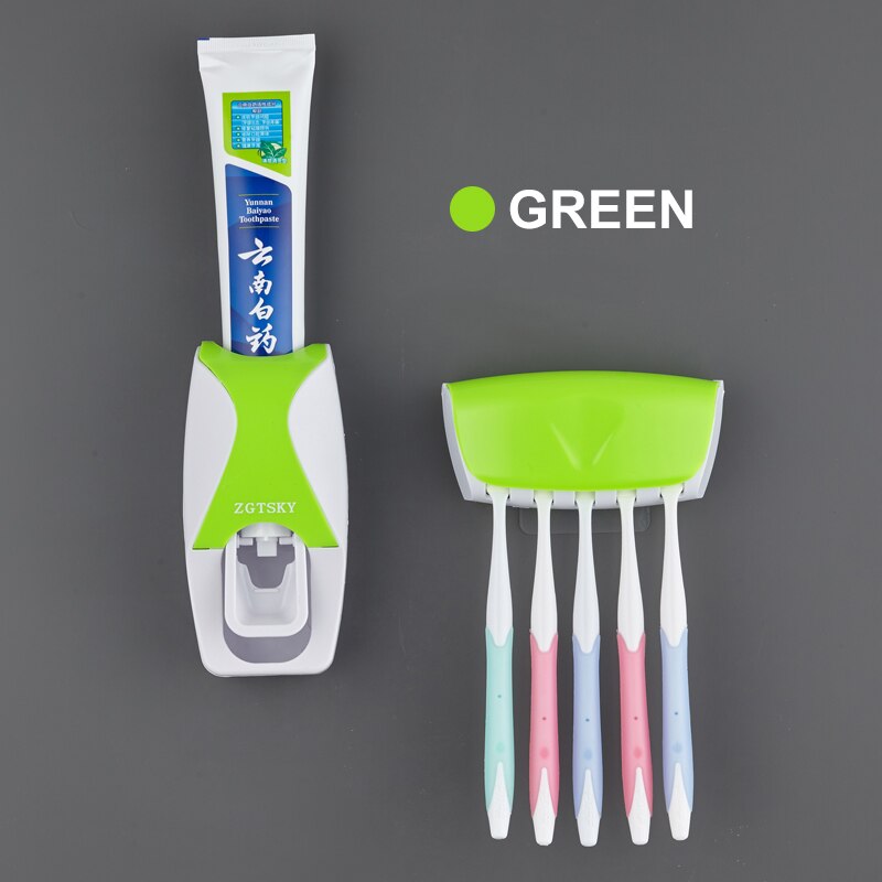Dispenser automatico di dentifricio, Set di portaspazzolino, aspirazione antipolvere e appiccicosa, spremiagrumi per bagno a parete: Green 2-piece set