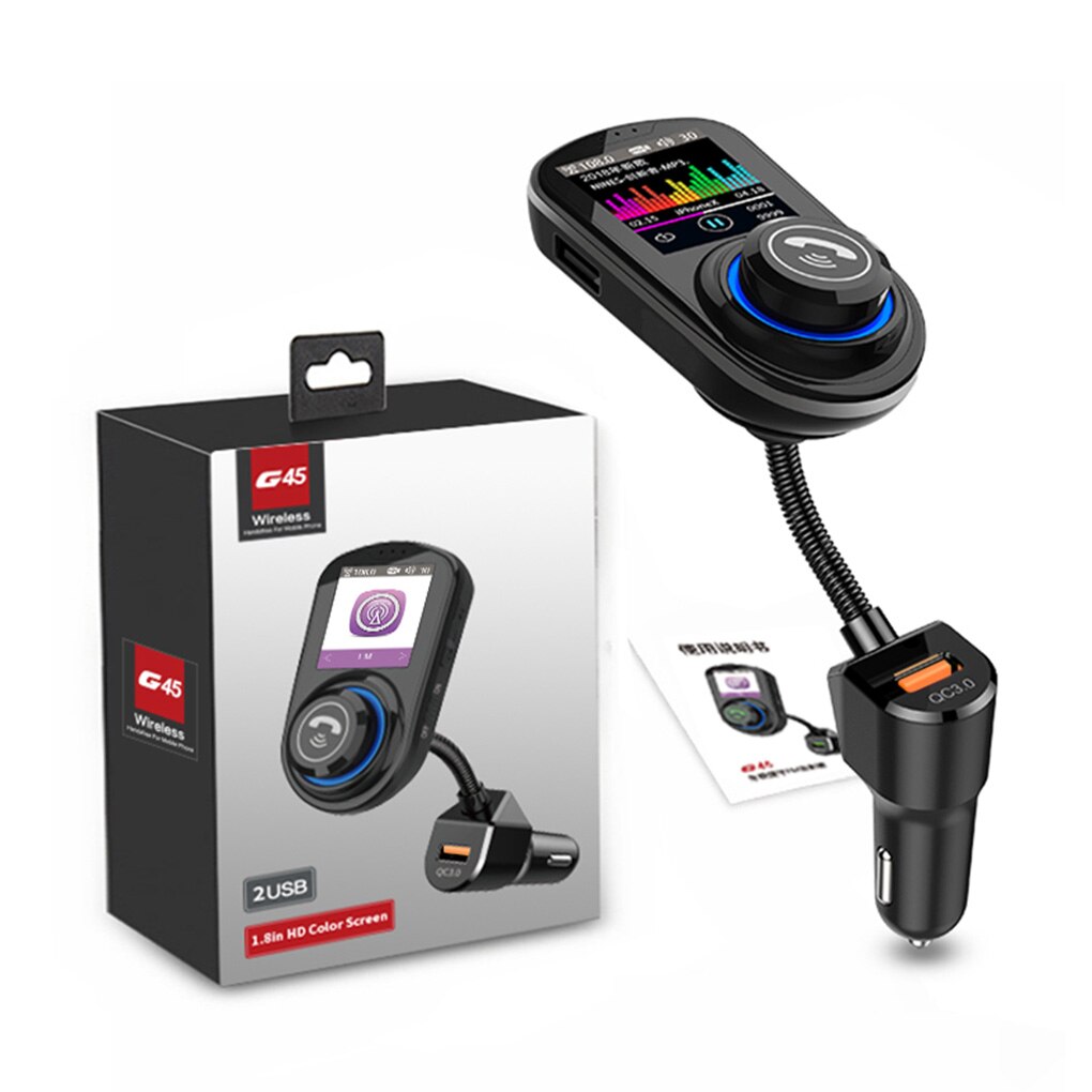 Car Wireless FM Transmitter 1.8inch HD Color Screen Hands-free Bluetooth5.0 MP3 Player Phone Charging