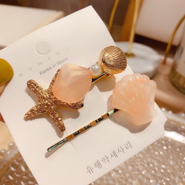 Fermagli per capelli in acrilico con stelle marino per donne e ragazze, forcine in metallo con perle e conchiglie, accessori per capelli da spiaggia: Guscio arancione