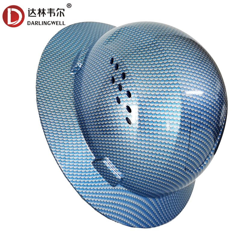 DARLINGWELL Full Brim Hard Hat FRP Safety Helmet Vents Blue Carbon Fiber Pattern Work Construction Hat Railway Metallurgy Mine