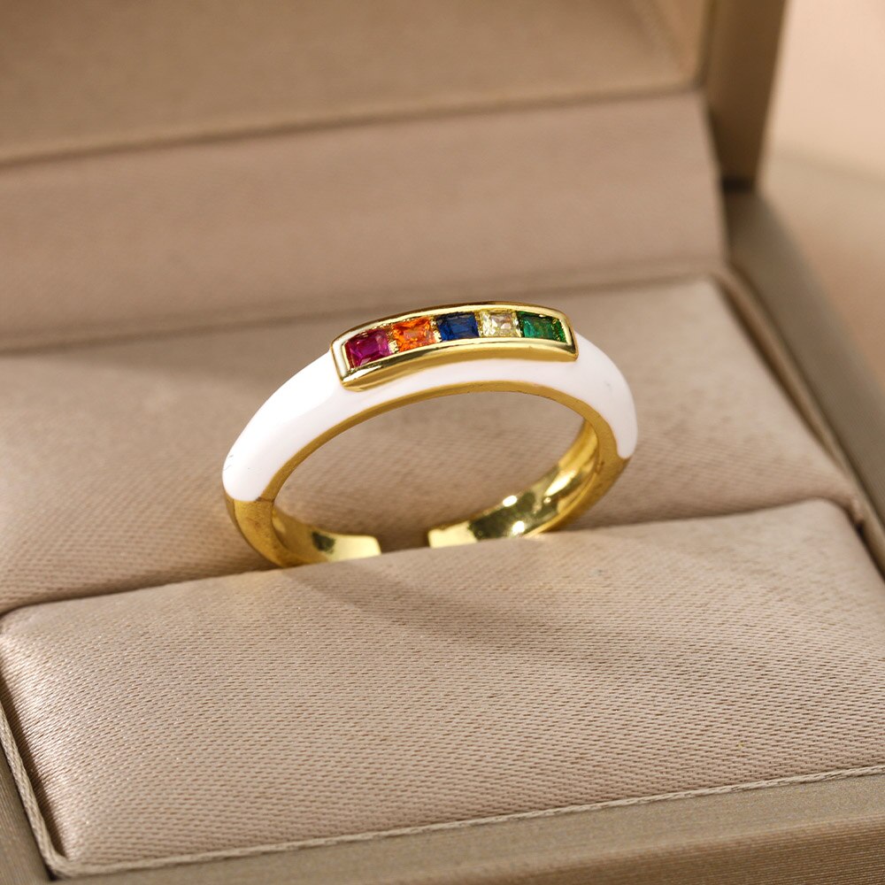 Rainbow Enamel Druipend Olie Zirkoon Ring Voor Vrouwen Rvs Goud Verstelbare Snoep Ringen Partij Sieraden Bijoux Femme