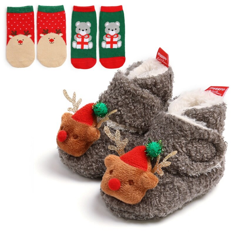 Bebê bonito primeiro andar sapatos menina menino macio anti-deslizamento sapatos natal cervos papai noel bonito sapatos de bebê + 2 headbands/2 meias terno: D / -L