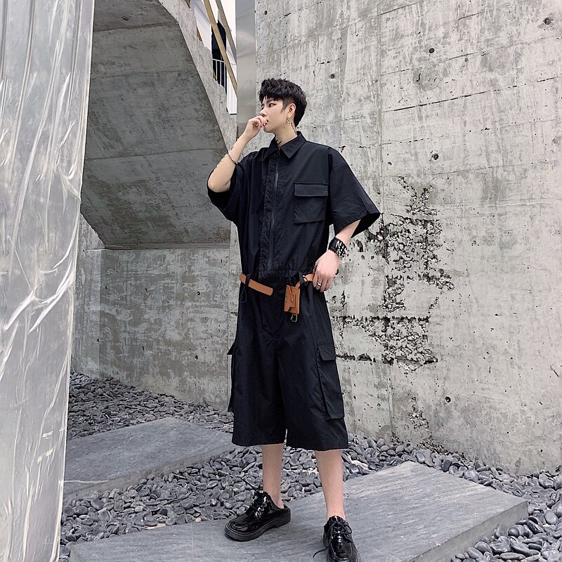Mono de manga corta para hombre, holgado, informal, con cinturón incluido, Pantalón Cargo, ropa de calle para hombre, ropa de calle, monos de Hip Hop, pantalón harén