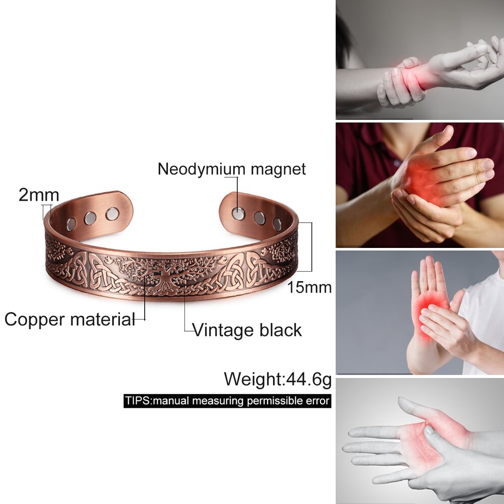 Yggdrasil – Bracelet magnétique en cuivre pur pour hommes, réglable, énergie magnétique, avantages, Bracelet à nœud Viking