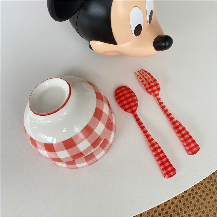 Korean Retro Red Plaid Bowl Ceramic Rice Bowl One Person Tableware Breakfast Bowl Salad Bowl