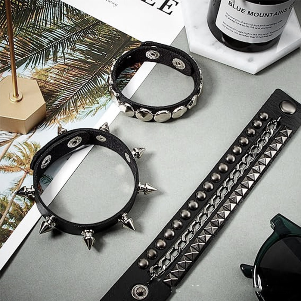 3PCS/Set Black Goth Emo Boho Bracelets For Men Women Punk Gothic Spike Rivets PU Leather Bracelet Bangles Party Jewelry