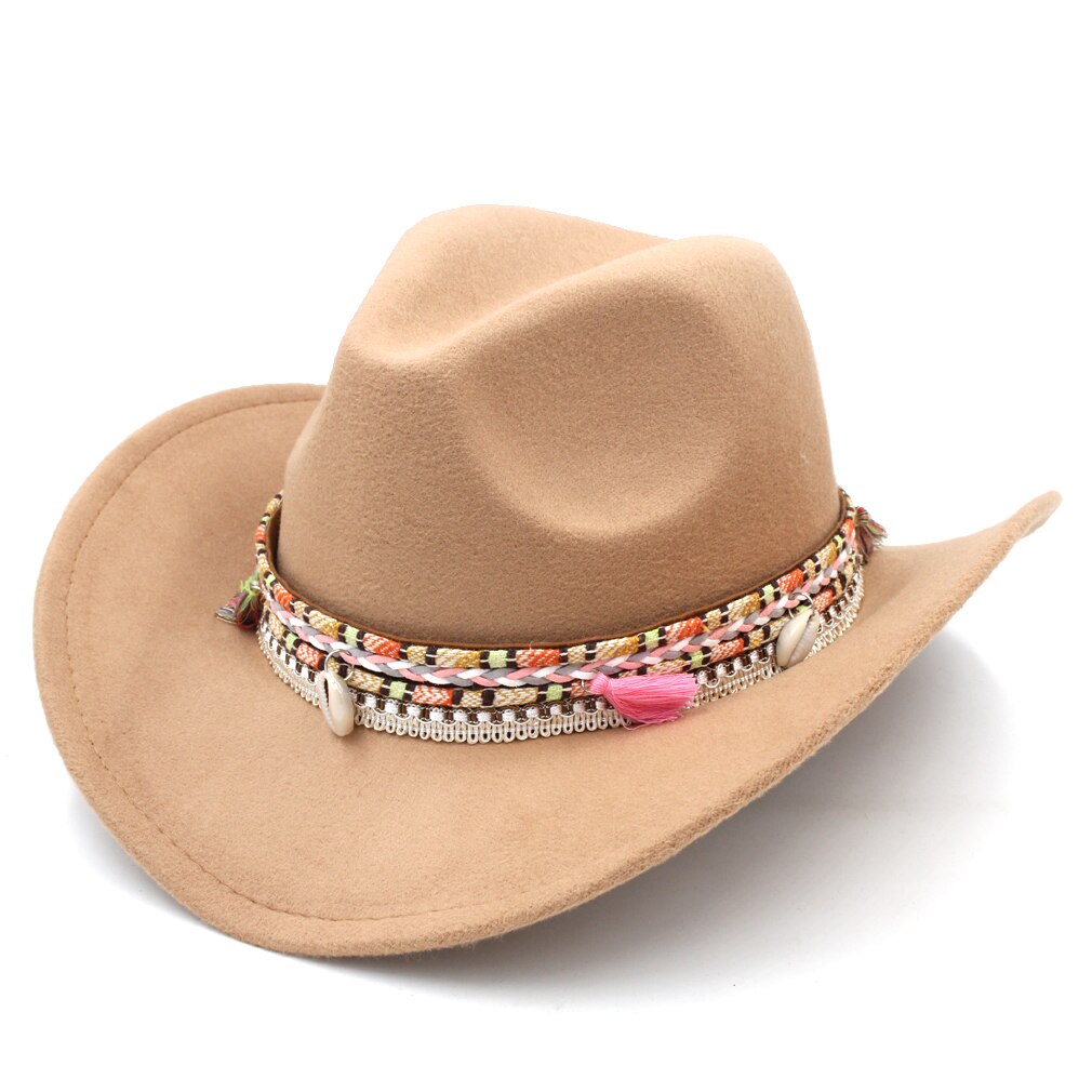 Mistdawn kvinder damer uld bred rand vestlige cowboy hat cowgirl ridning kostume kasket kvast boheme hatbånd størrelse 56-58cm bbd: Khaki