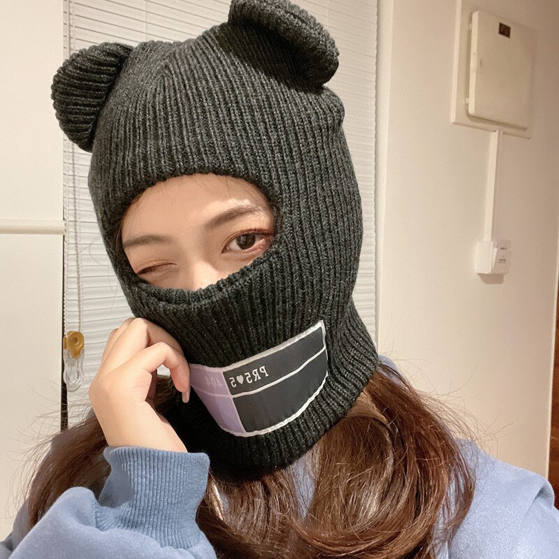 Bear Ear Balaclava Hat with Ear Cute Full Face Cover Ski Mask Beanies for Women 1 Hole Windproof Warm Streetwear Knitted
