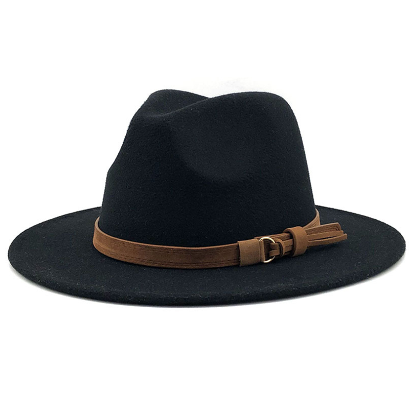 Ullfilt jazz fedora hattar bältesspänne dekor kvinnor unisex bred rand panama party trilby cowboy keps