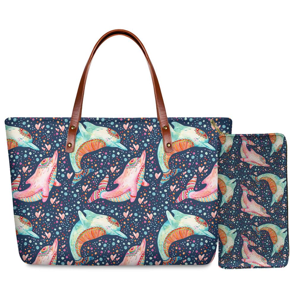Twoheartsgirl oceaan dolfijn print handtas set portemonnee voor vrouwen neopreen dames handtassen met handgreep casual dames handtassen: Z6408al-z21