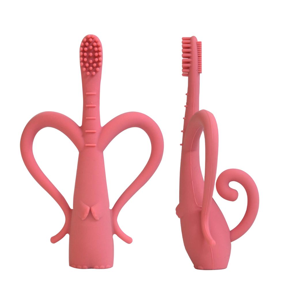 Baby Silicone Elephant Toothbrush Baby Training Silicone Super Soft Head Cute Toothbrush Set Protect Oral Care Tools: Pink