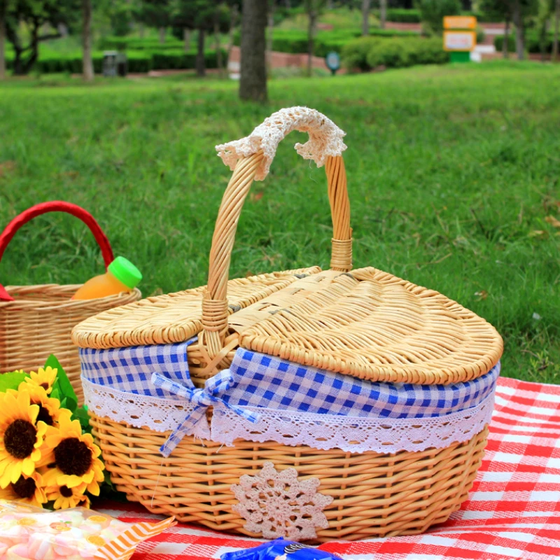 Cesta de mimbre con asa de doble tapa para acampar, cesta de almacenamiento de tejido de sauce hecha a mano para Picnic, organizador de frutas al aire libre: S / green