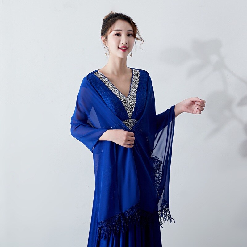 Longue mousseline de soie étole dentelle Appliques perlées robes de soirée châles de mariage enveloppes avec gland Capes de mariée fête: Sapphire