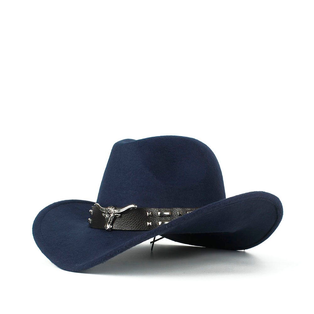 Kvinder mænd hule vestlige cowboy hat med tauren bælte vinter efterår jazz outback jazz toca sombrero cap størrelse 56-58cm: Mørkeblå