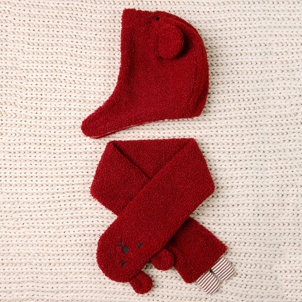Unisex Cute Baby Cartoon Bear Hat Winter Toddler Boy Girl Solid Knitted Children Lovely Warm Soft Hat+Scarf Two Piece Set