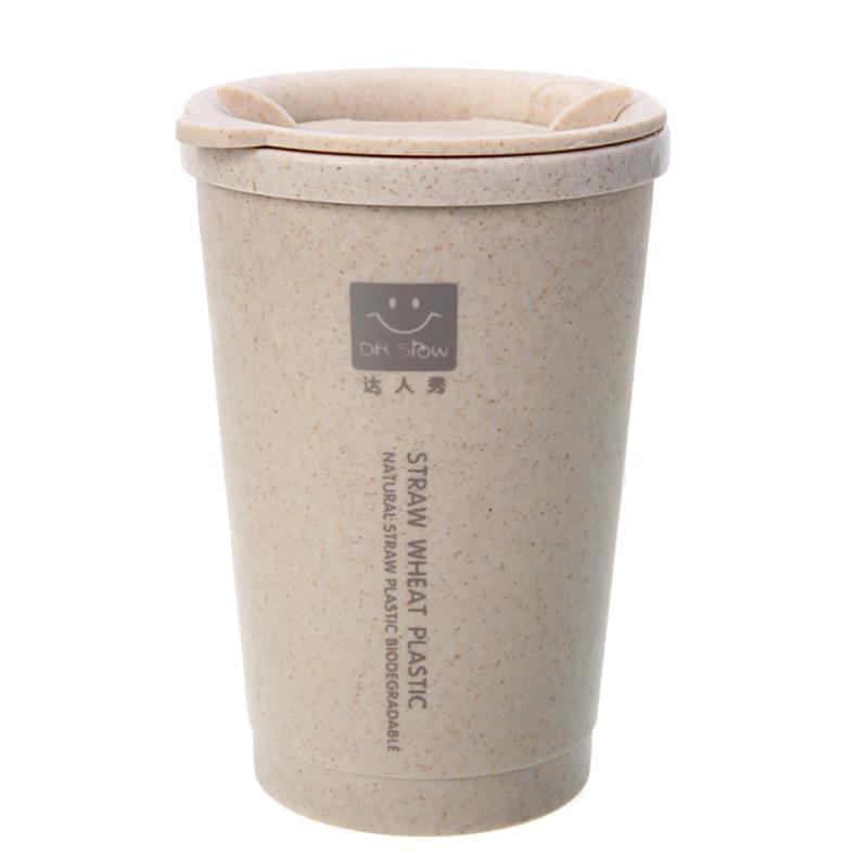 Copo de água de café de palha de trigo portátil com palhas multi-funcional dupla tampa cola café copo de plástico beber caneca de viagem: Beige