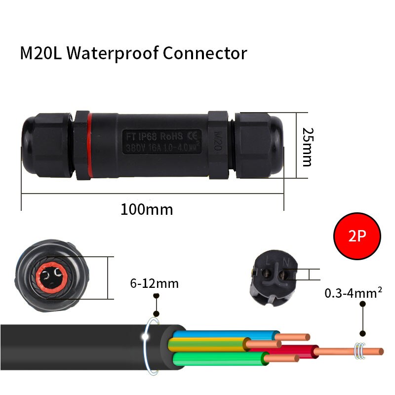 IP68 Waterproof Connector 2/3/4/5 Pin Electrical Terminal Adapter Wire Connector Screw Pin connector LEDLight Outdoor Connection: M20-2p