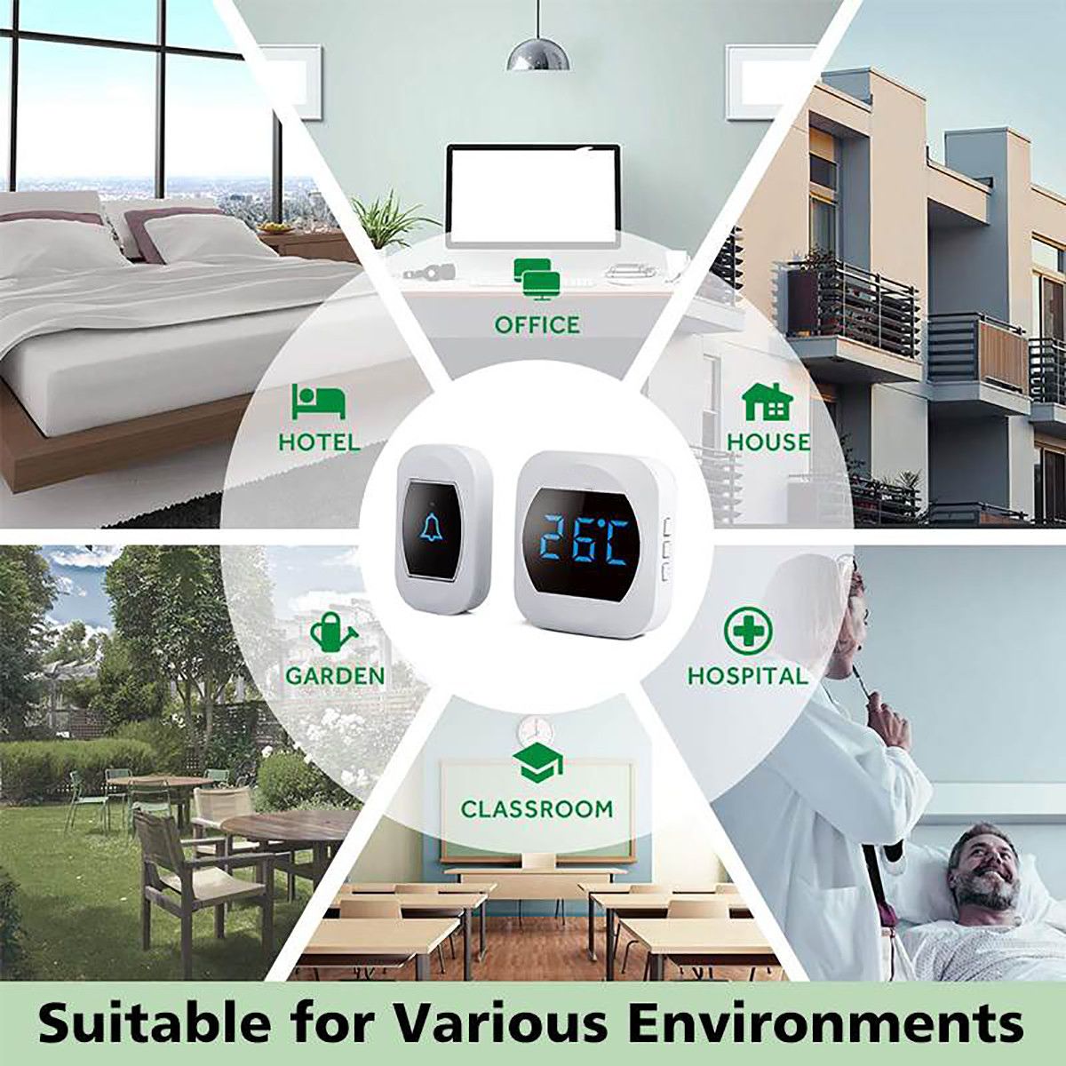 Wireless Waterproof Doorbell 300m Range US EU Plug Home Intelligent Door Bell Chime 2 Buttons 2 Receivers Temperature Self Power