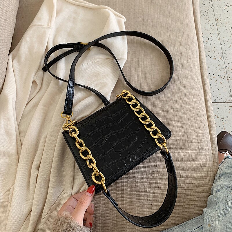 Sac fourre-tout en cuir PU femme, bandoulière, motif pierre, sacoche, bandoulière avec chaîne, ,: Black