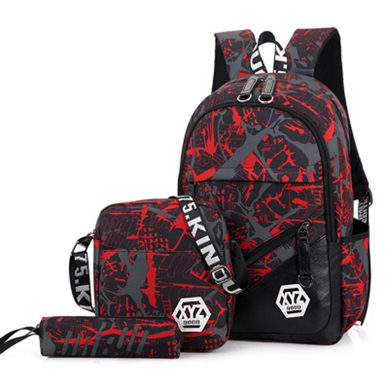 3 unids/set hombres viaje mochilas camuflaje bolsa de hombro estampada mochila lienzo bolsas para la escuela de los chicos adolescentes estudiantes mochila: red