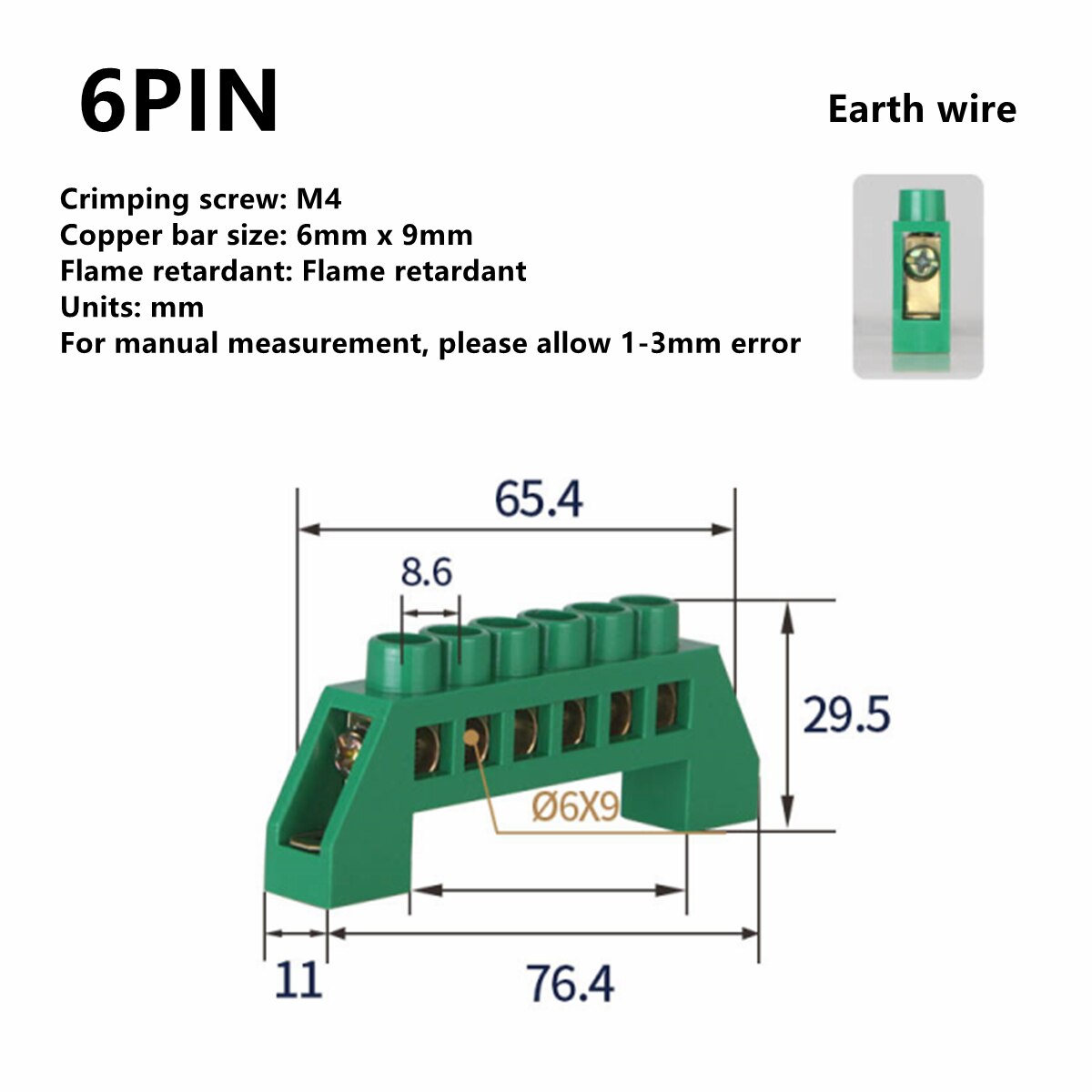 Blue White Green Zero Line 4Pin 6Pin 8Pin 10PiN 12PiN Brass Screw Grounding Bridge Terminal Block Connector Earth And Neutral: Green 6 Pin