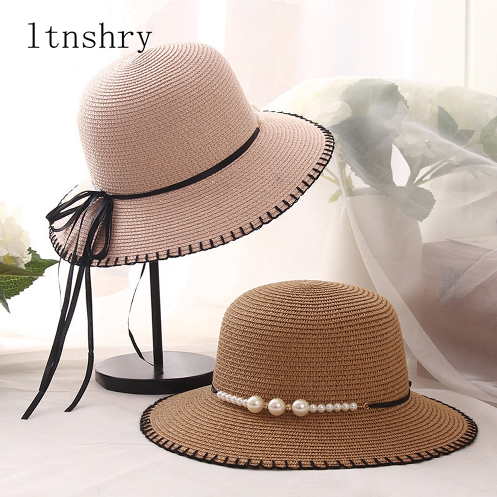 zomer Mode Zomer vrouwen Opvouwbare Wide Brim Grote Elegante Parel Strand Zonnehoed Stro Strand Cap Voor dames Meisjes