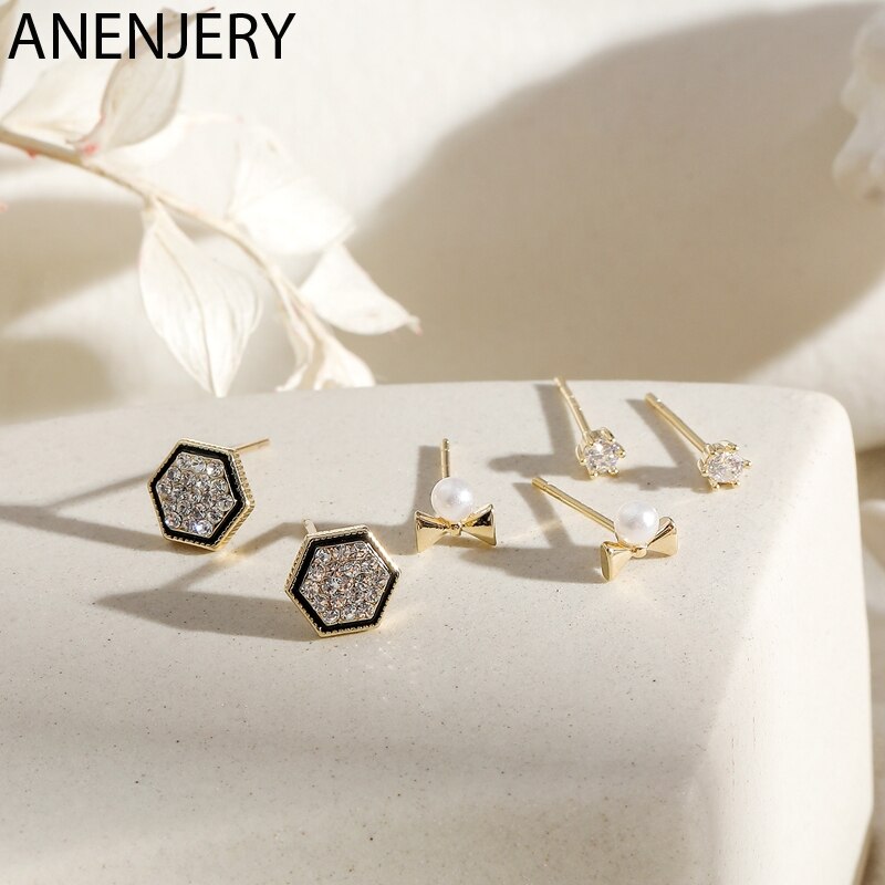 ANENJERY zierlich kubisch Zirkon Geometrische Hexagon Bowknot Zucht Ohrringe Für Frauen 6-Stück Ohrringe einstellen Geburtstag S-E1237