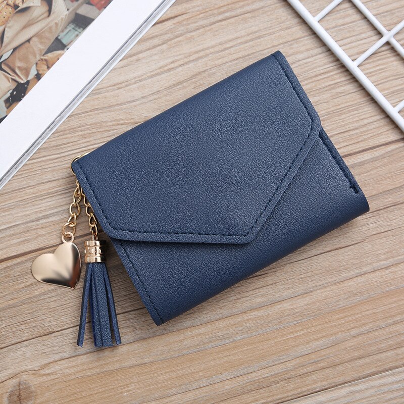 Women Wallet Cute Student Tassel Heart Pendant Short Wallet Small PU Wallet Coin Purse Ladies Card Bag For Women: navy blue