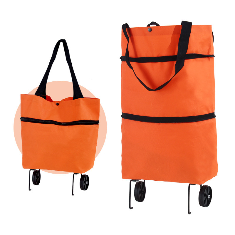Foldable Shopping Bag with Wheels Trolley Basket Small Pull Cart Home Utility Retractable Tug Supermarket Grocery Shopping Cart: Orange