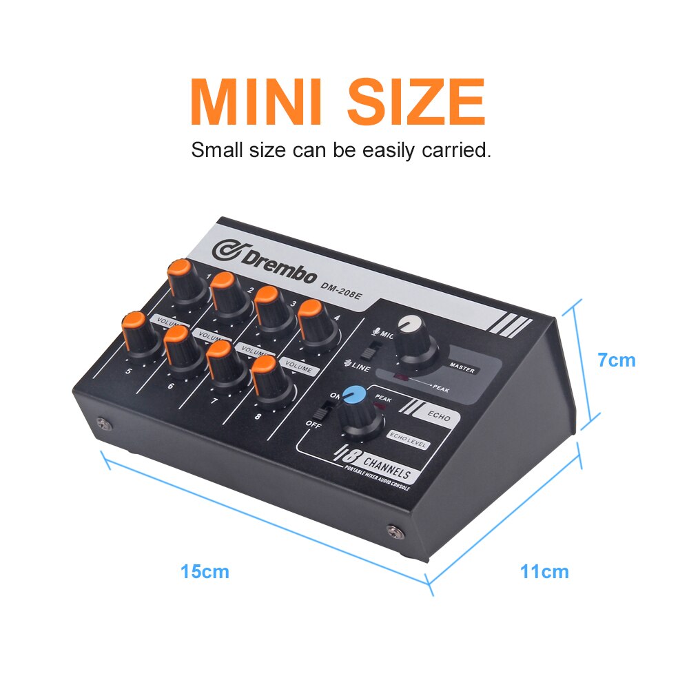 DM-208E Mini Audio Mixer Draagbare Schakelbare Stereo 4 & Mono 8 Kanalen Microfoon dj controller voor Karaoke Party