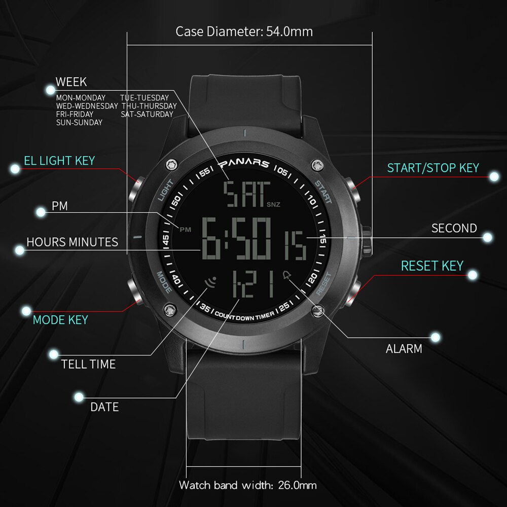 PANARS-montre-bracelet résistante à la plongée pour hommes, numérique, montre de Fitness, grands nombres à double temps, rétro-éclairage LED