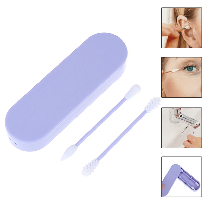 2Pcs Reusable Cosmetic Cotton Swab Double Head Ended Clean Cotton Swabs Ear Clean Set Includes Storage Silicone Cotton Box