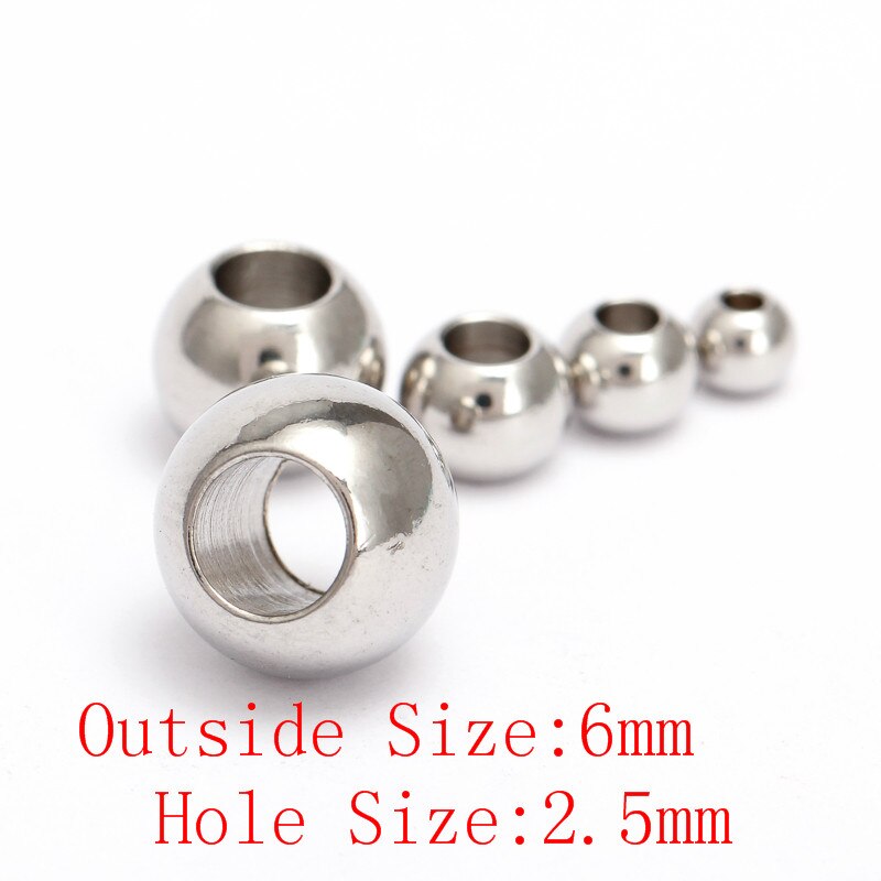 50 stuks/partij ronde kralen van roestvrij staal, zilverkleurig, 2 3 4 5 6 7 8mm met groot gat, europese ruimtekralen voor doe-het-zelf sieraden: 6mm met 2.5mm gaten