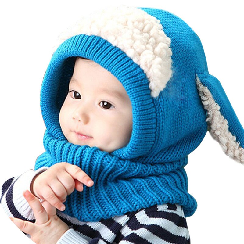 Chapeau d&#39;hiver avec écharpe pour bébé, bonnet à capuche, couvre-chef tricoté, mignon, pour enfants: BLEU CIEL