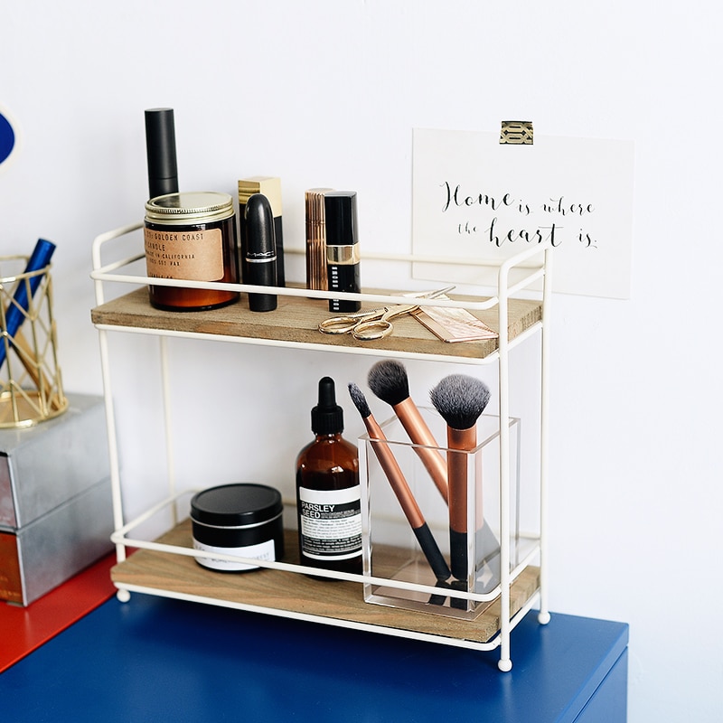 Modern Metal Wood Two Tiers Storage Rack Countertop Sundries Organizer Rack Kitchen Spice Rack Cosmetics Rack for Girl
