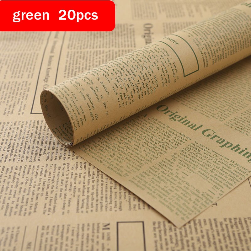 Papel de envoltorio de flores, Material de papel Kraft Retro de periódico inglés, ramo Floral, flor de embalaje: green 20pcs