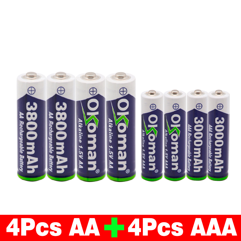 Okoman 1.5V AAA 3000mAh Alkaline Rechargeable battery + 3800 mAh AA Alkaline battery for LED light toy clock MP3 player: Red
