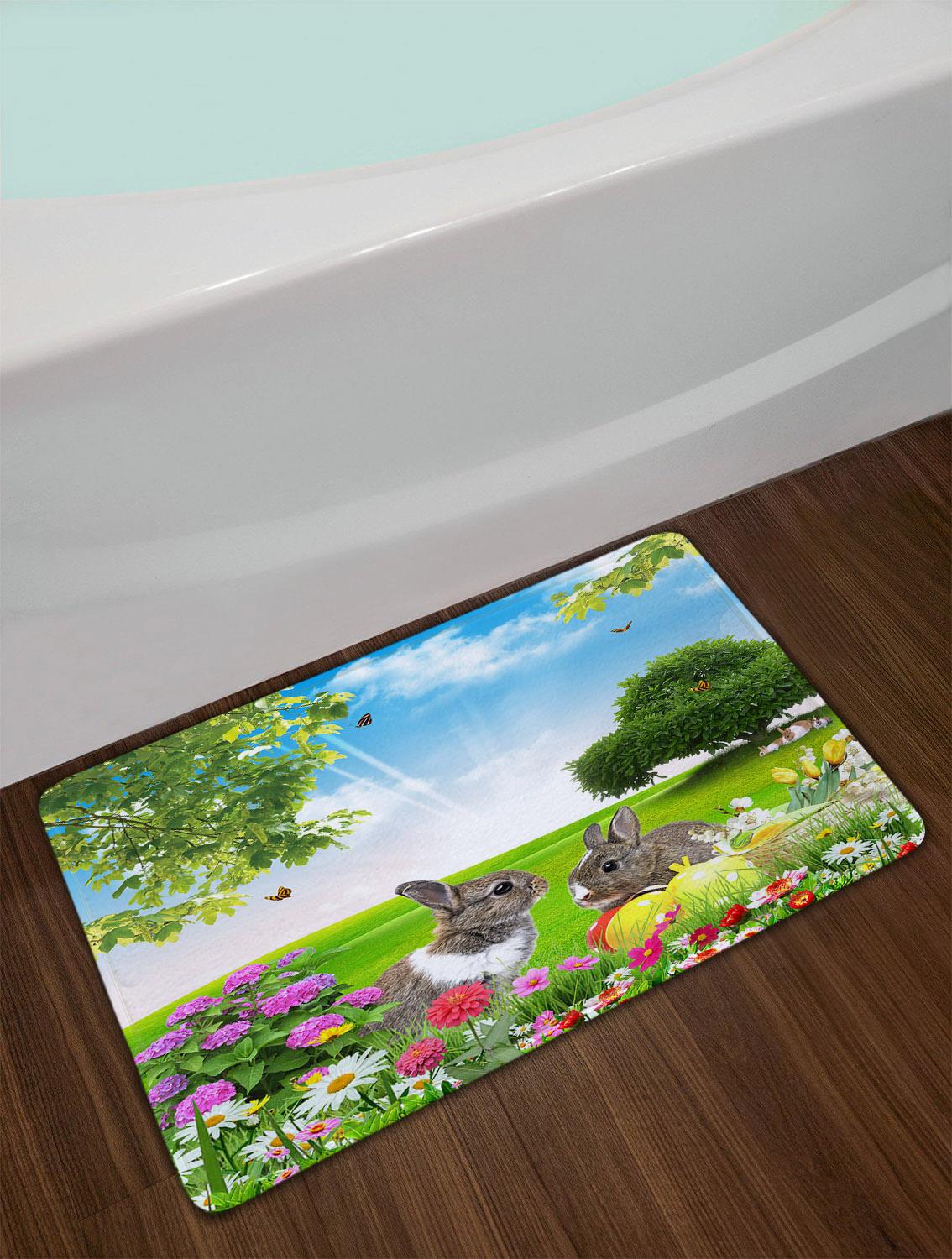 Paaseieren Bunny Douchegordijn Antislip Tapijten Waterdicht Polyester Bad Gordijn Lente Landschap Weide Bloem Badkamer Gordijnen