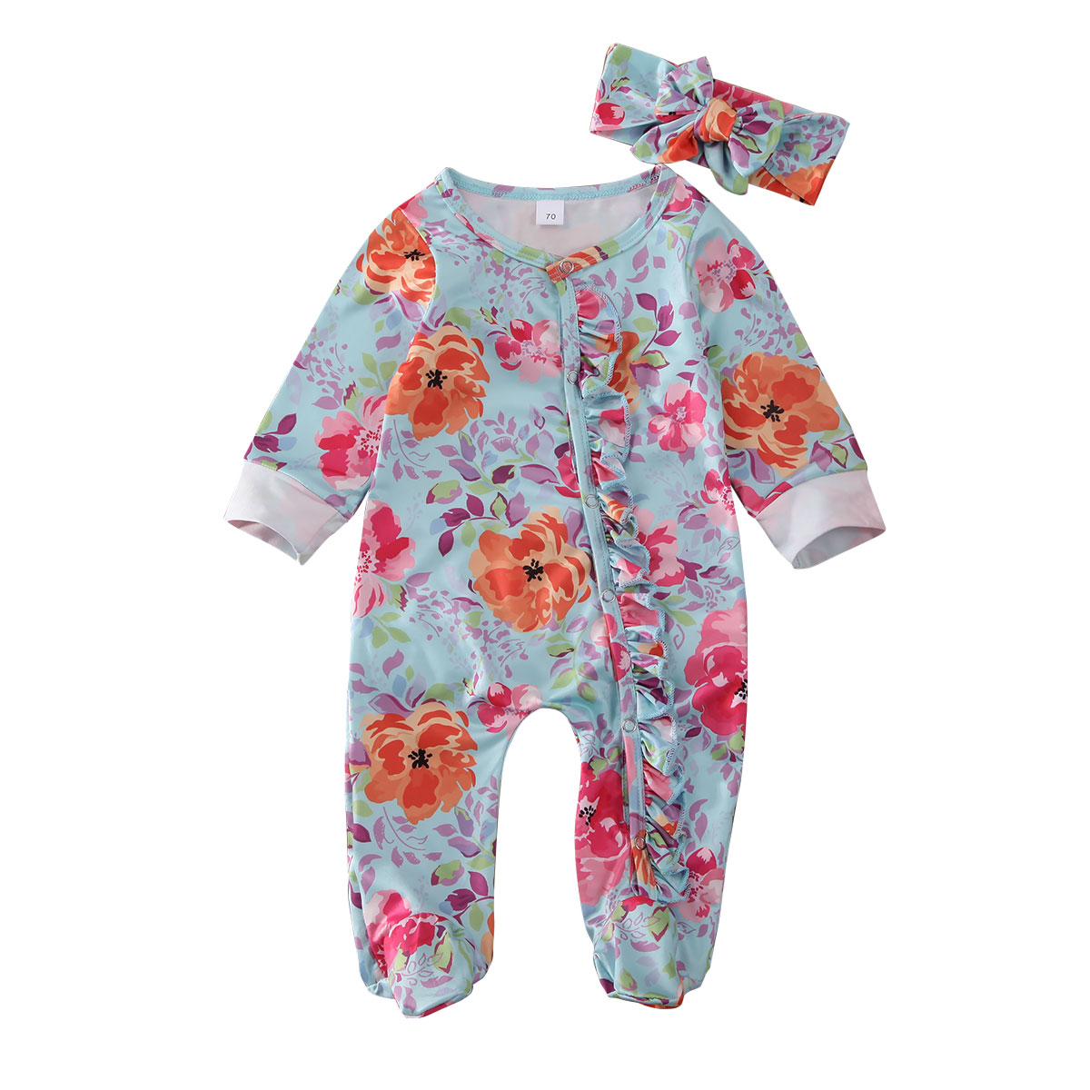 Leuke Pasgeboren Baby Meisjes Jongens 0-6M Footies Bloemenprint Lange Mouwen Ruches Single Breasted Playsuit Hoofdband Kleding outfits: Blauw / 3M