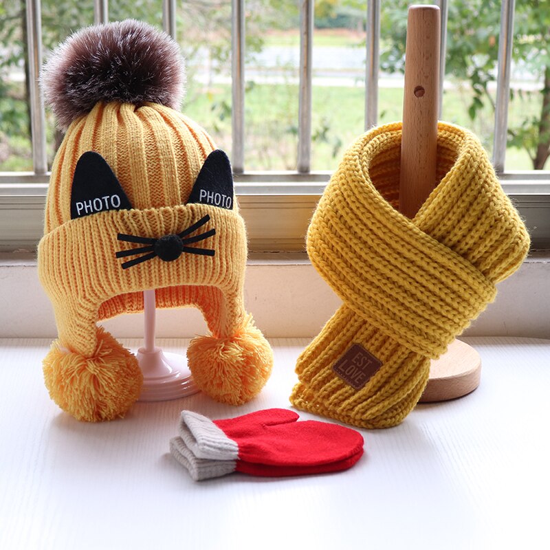 Children's hat scarf gloves three-piece set Boys and girls lovely knitted woollen hats Baby wool hat scarf Lovely thick hat: Yellow / 2-3 years old
