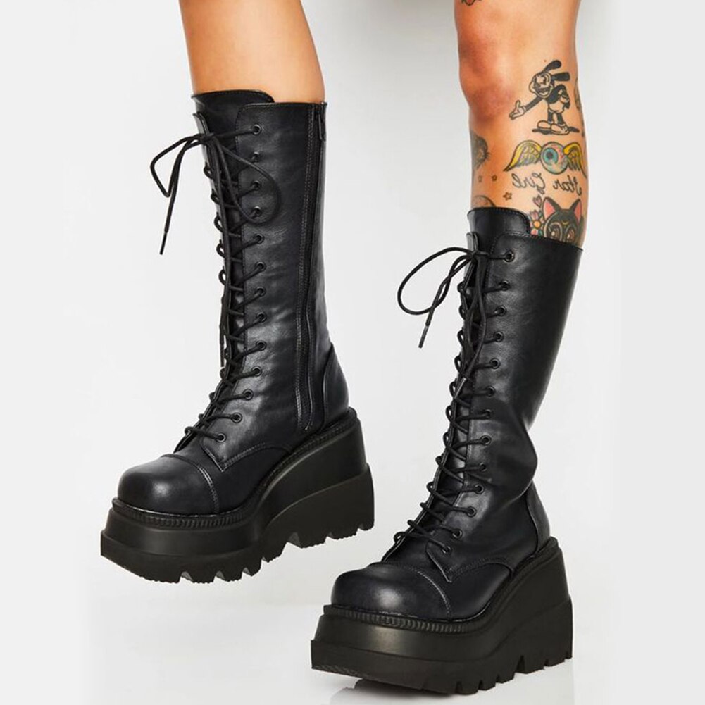 Botas hasta el muslo de cuero para mujer, botines con plataforma, cuñas de suela gruesa, zapatos guays góticos Punk, botas altas de talla 43: Black 1 / 36