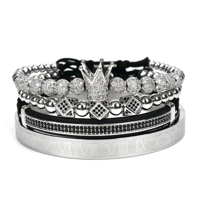 4 Stks/set Mannen Rvs Cz Zirkoon Crown Romeinse Cijfer Armband Hip Hop Armbanden Punk Handgemaakte Sieraden