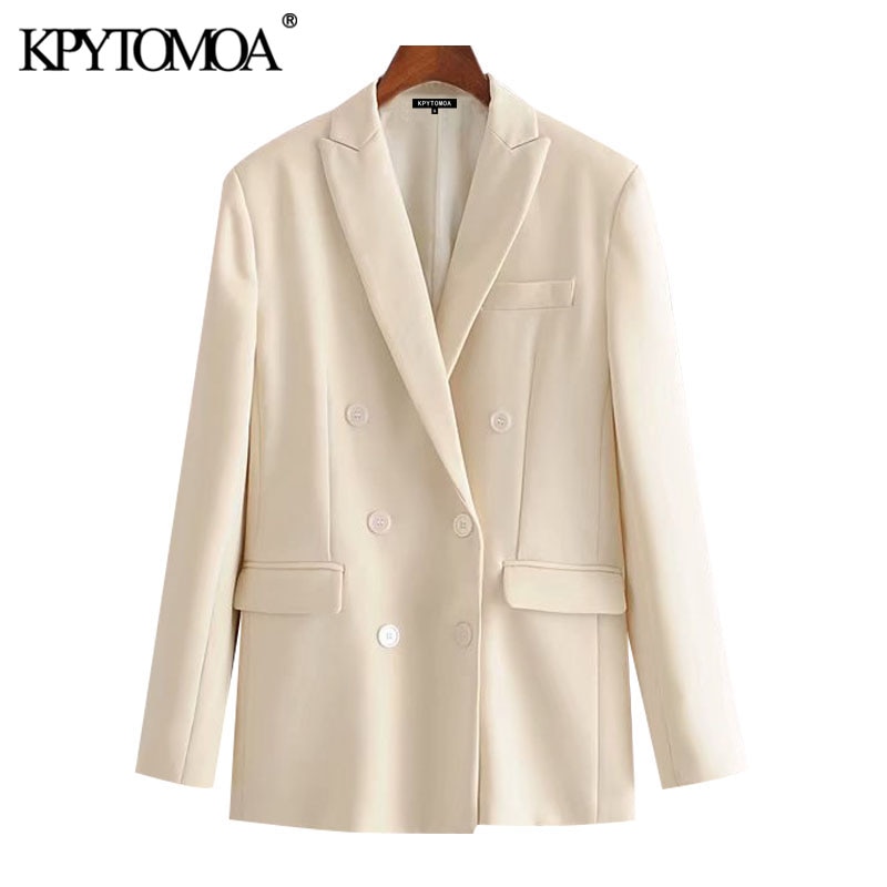 Kpytomoa Vrouwen Office Wear Double Breasted Blazer Jas Vintage Lange Mouwen Zakken Vrouwelijke Bovenkleding Chic Tops