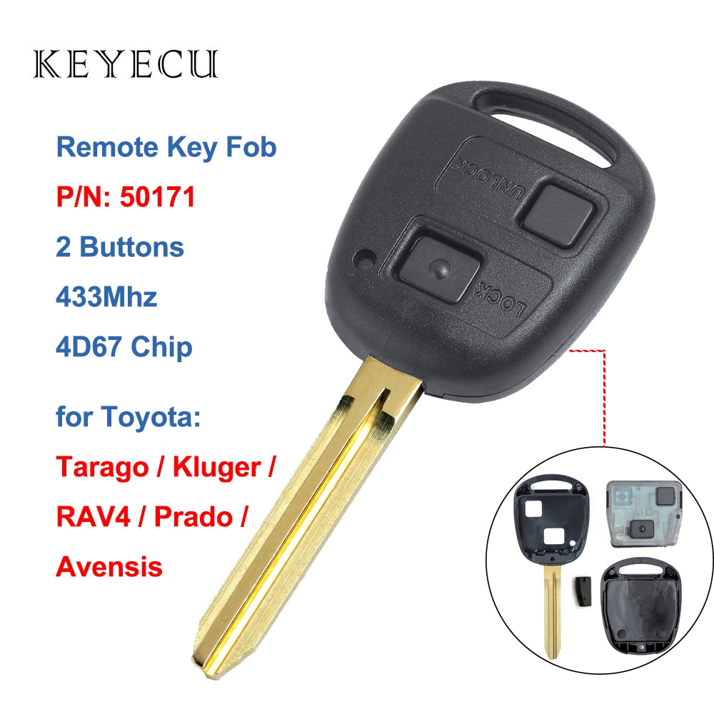 Keyecu Remote Key FOB 2 Button 433MHz 4D67 Chip For Toyota Prado Avensis Tarago 120 RAV4 Kluger 2003 Uncut Blade TOY43