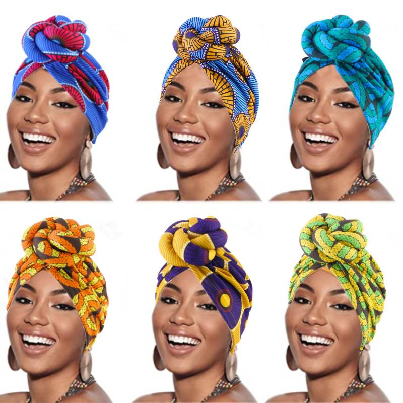 African Print Turban for Women Pre-Made Top Knot Head Wraps Flower Stretch Hijab Ladies Party Wedding Headdress