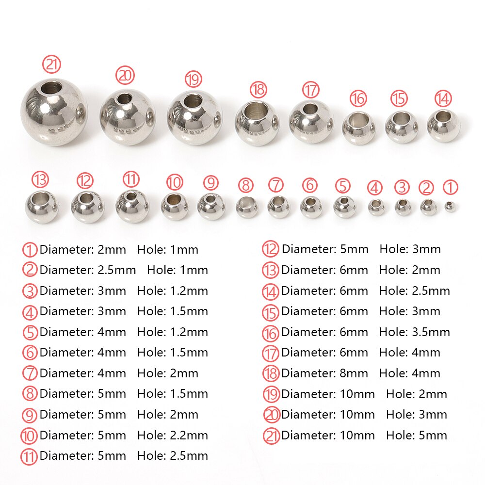 100Pcs Rvs Spacer Kralen Losse Bal Grote Gat 1.2Mm-5Mm Voor Sieraden Maken Diy Armbanden ketting Kralen Accessoires