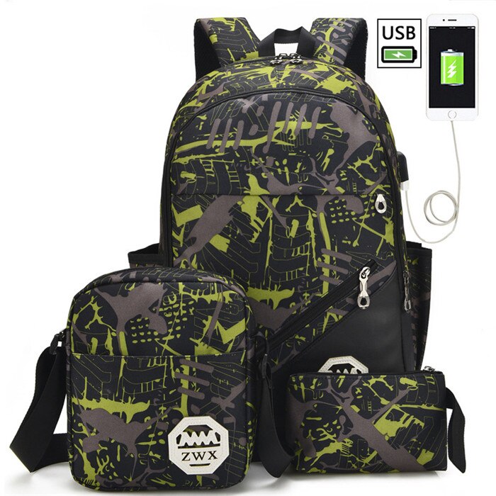 3 Pcs/set School Bags USB Charging Backpack Boys High School Backpacks Schoolbag For Teenagers Girls Student Book Bag Satchel: green 3 pcs