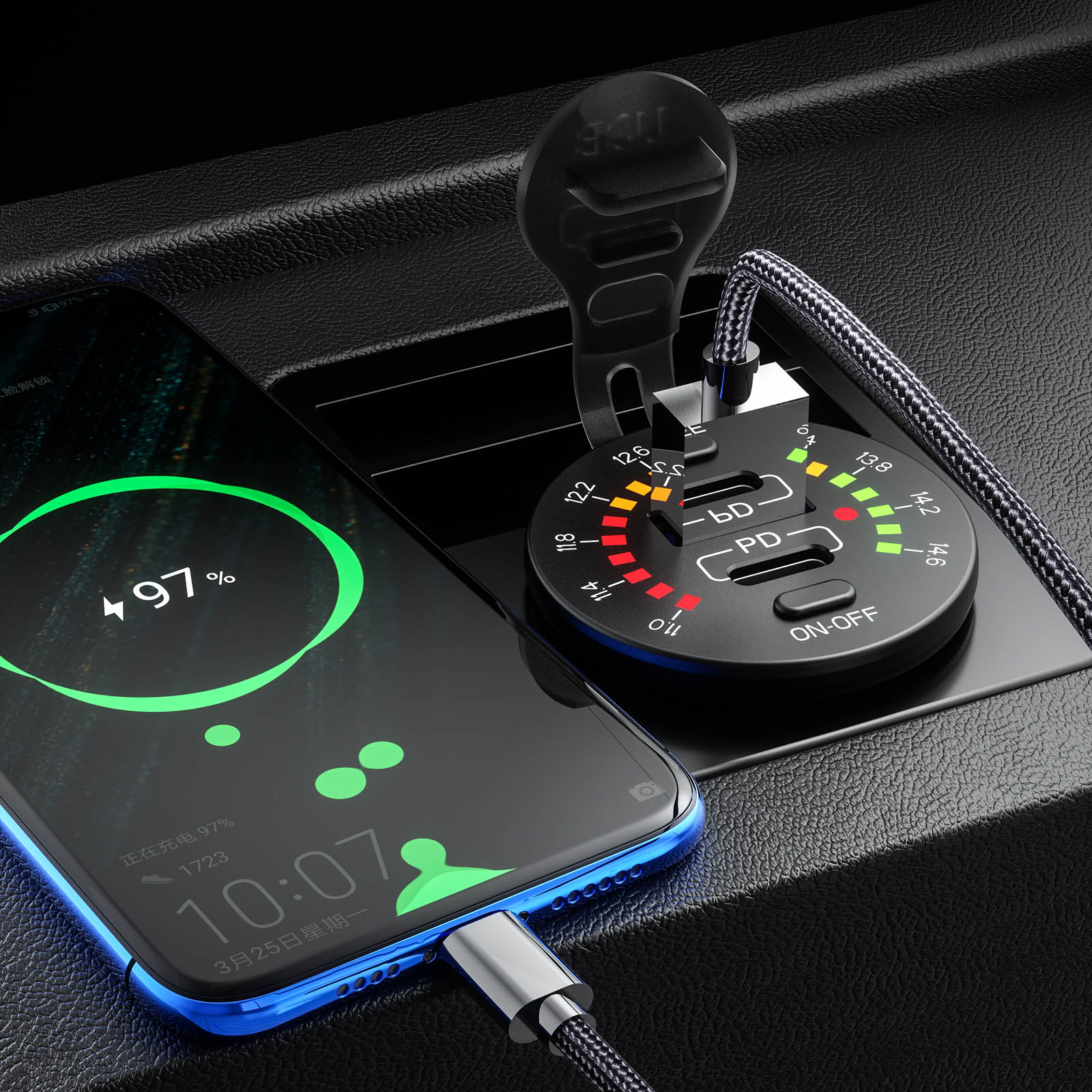 Wasserdichter kfz-ladeadapter mit 12v schnellladeanschlüssen ,  qc3.0 usb-anschlüssen und 18w typ-c-pd-anschlüssen, led-voltmeter und ein-/ausschalter für suv, motorrad, boot